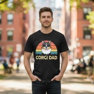 Gildan Corgi Dad Graphic T-Shirt Men's L Black Retro Sunset Dog Sunglasses NWT